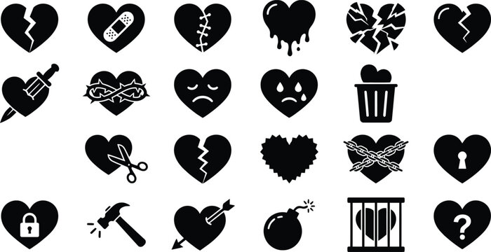 Set of broken heart and anti-valentine icons. Vector black symbols of breakup, divorce, sadness, and betrayal for concept design.