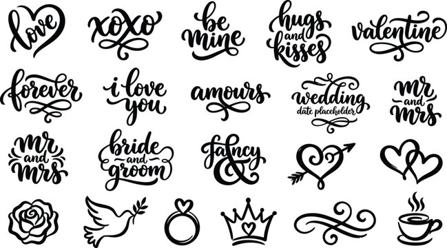 Set of hand lettering love quotes. Vector black calligraphy phrases including be mine, forever, and bride groom for wedding design.