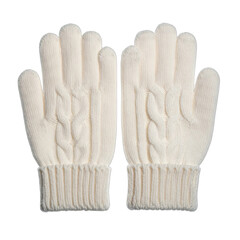 A pair of white cable-knit winter gloves displayed against a black background.