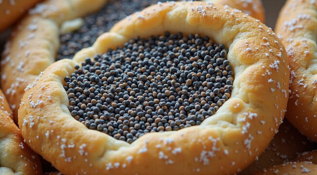 Delicious freshly baked kolache pastry with poppy seeds and salted edges
