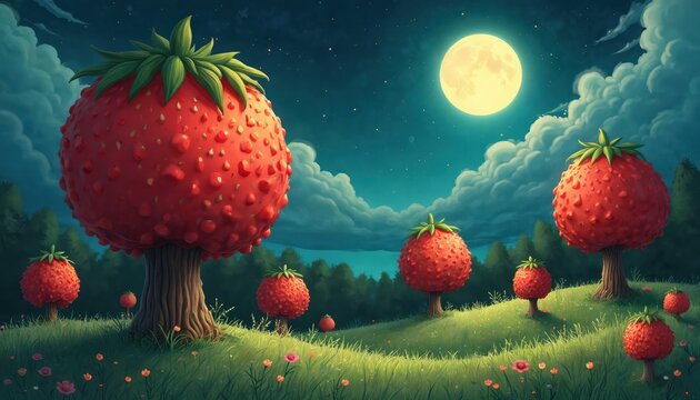 Whimsical night forest full of giant strawberry trees. Red fruit grows on trees under big moon and starry sky. Fantasy landscape with green hills and small flowers.