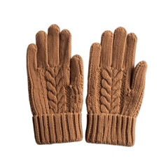 A pair of warm, brown cable-knit gloves displayed against a solid black background.