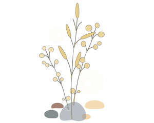 Three yellow branches and stones on a white background. Vector illustration for card design, cover art, wall decor in minimalist style