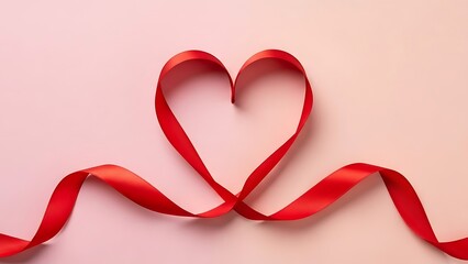 Red Ribbon Heart Shape on Light Pink Background