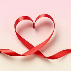 Red Ribbon Heart Shape on Light Pink Background