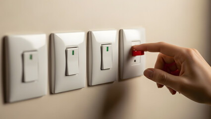 Hand flipping a light switch on a beige wall with four switches