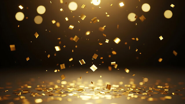 Golden confetti falling on dark background with bokeh lights