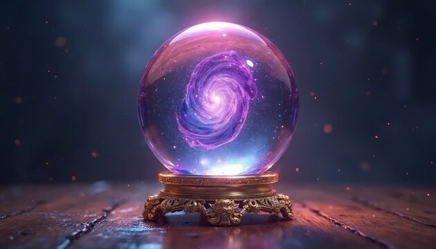 Mystical glowing crystal ball with golden base shows galaxy vortex. Swirling purple blue nebula light emanates ethereal glow. Fortune telling magic orb predicts future on dark background.