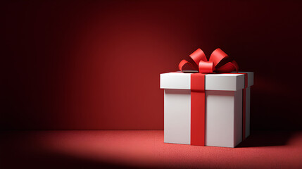 Front view of blank white gift box mockup exhibition booth stand or open present box tied with red ribbon bow isolated on dark red background with shadow minimal creative idea conceptual 3D