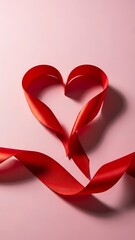 Red Ribbon Heart Shape on Soft Pink Background