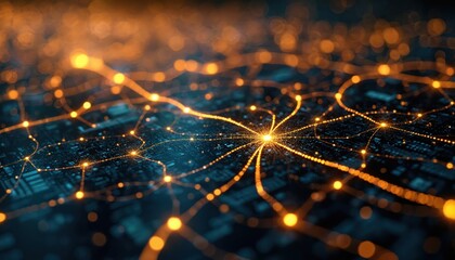 Abstract digital network of glowing orange lines and nodes connects points on a dark blue background. Futuristic technology concept symbolizes data transfer and global connection.