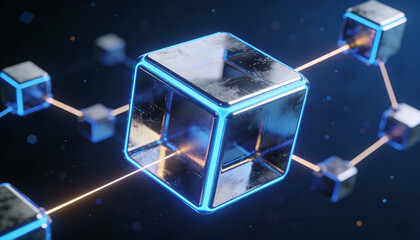 Digital 3D illustration of metallic glowing blockchain cubes connected by light beams representing decentralized technology cryptocurrency data networks and secure digital ledger systems