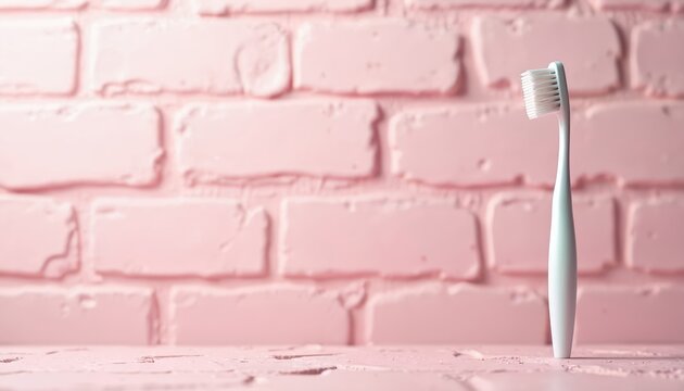 White toothbrush rests on pink surface before blurred brick wall. Close up on oral hygiene tool. Simple clean dental care item. Background textured pink bricks.
