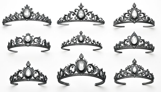 Nine dark metal tiaras or crowns with white gems. Bridal headwear designs are ornate and elegant. Royal jewelry collection. Feminine accessory display.