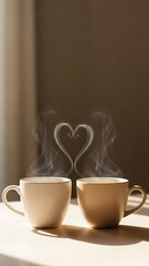 Two Coffee Cups with Heart Shaped Steam on Table