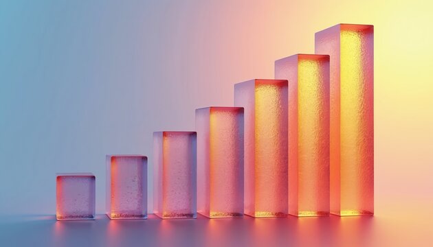 Abstract glass bar graph shows financial growth, upward trend. Frosted blocks in warm gradient colors represent data analysis business success, investment strategy, market insights, economic progress.