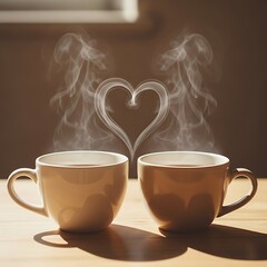 Two Coffee Cups with Heart Shaped Steam on Table