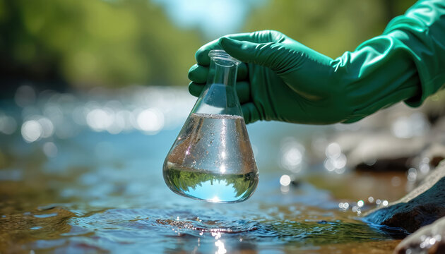 Scientist in green gloves holds flask collecting river water for analysis. Testing liquid purity for chemicals contamination. Environmental research in natural habitat.