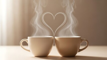 Two Coffee Cups with Heart Shaped Steam Vapor