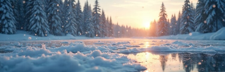 Fototapeta premium Snow falls on frozen lake surface near pine forest. Sun sets casting golden light on ice water, winter landscape with snow covered trees. Serene cold nature scene.