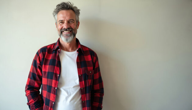 Mature man with grey beard wears red plaid shirt over white t-shirt, smiles confidently. He stands indoors with his hands in pockets against a neutral wall background.