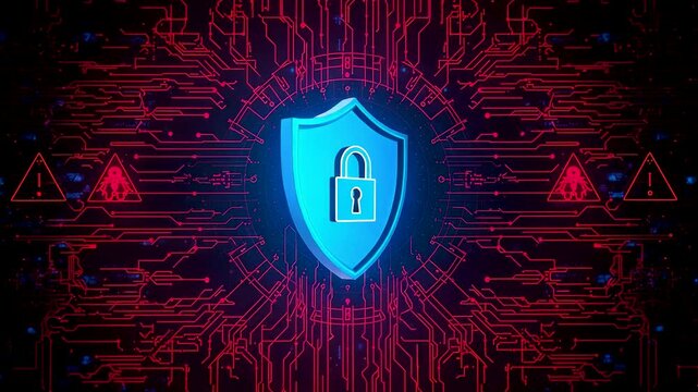 Glowing cyber security shield with digital padlock over data circuitry, red warning patterns and blue neon protection interface
