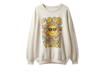 Cream colored sweatshirt with a retro sun graphic and the words good vibes isolated on transparent background