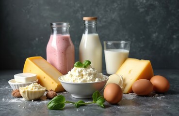 Assorted dairy products including cheese, yogurt, milk, and butter sit with fresh eggs on a gray surface. Various cheeses are cut in wedges. Cottage cheese topped with basil garnish.