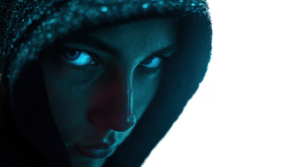 Mysterious young person hooded blue light eyes isolated on transparent background