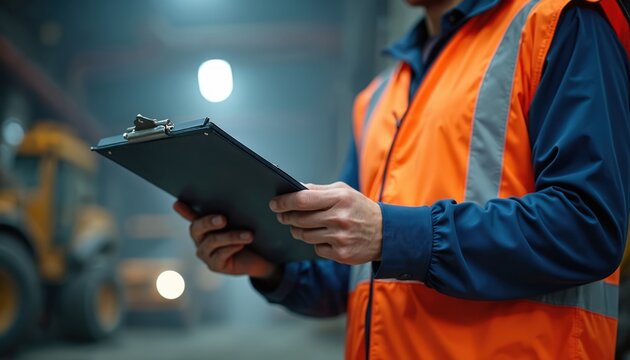 Man in safety vest checks clipboard in industrial facility. Heavy machinery visible in background. Focus on worker ensuring operational safety standards. Professional inspection happening. - Powered by Adobe