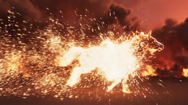 An animated fire horse runs rapidly through a blazing inferno with sparks flying everywhere at night.