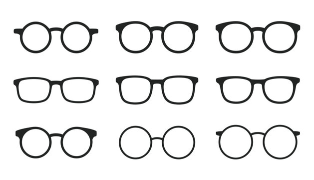 Line art glasses icon set, stylish eyewear including sunglasses, spectacles, and optical frames, vector collection for fashion design