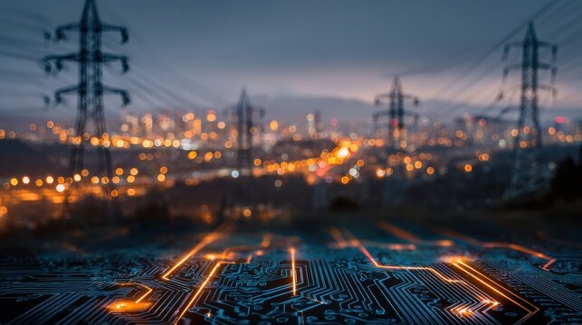 Futuristic smart grid power infrastructure with digital circuit board and glowing energy flow through a city at night