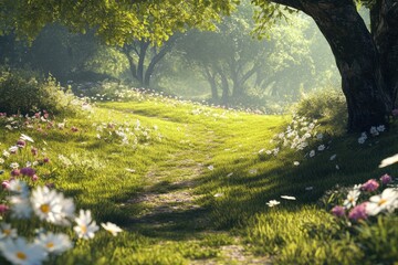 Tranquil pathway through a sunlit meadow surrounded by blooming flowers and greenery