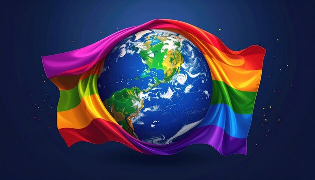 Rainbow Flag Enveloping Earth Globe - Powered by Adobe