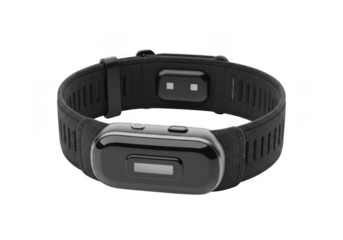 Black fitness tracker wristband with digital display isolated on transparent background