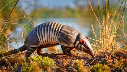 Obraz premium Nine Banded Armadillo Feeds In Florida Wetland