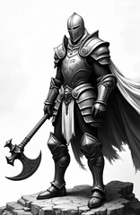 Naklejka premium Full body view of armored medieval warrior with ornate battle axe. Fantasy figure stands on rocky ground, wearing full suit of metal armor, chainmail, flowing cape. Illustration style resembles
