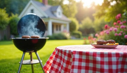 Backyard barbecue with burgers cooking on grill. Table set with checkered cloth and food in sunny garden. Home summer outdoor cooking event.