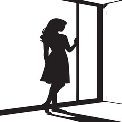 Stylized black silhouette of a person standing near a large window or glass door, one hand resting on the frame. The figure wears a dress and has long hair, with a slightly bent leg and contemplative 