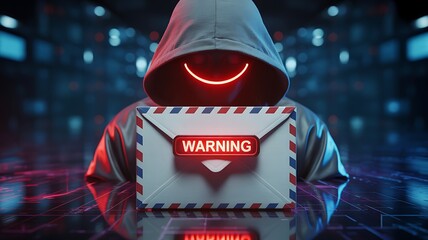 A mysterious figure in a hoodie displays a digital envelope with a warning sign hinting at cyber threats and online dangers