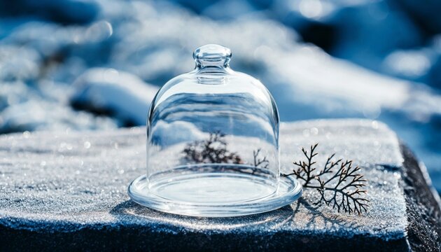 Frozen Moment: Glass Cloche with Twig on Frosty Winter Surface