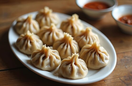 Steamed buuz dumplings with minced beef filling served on white plate. Traditional Mongolian meat dish with dough wrapper and dipping sauce on wooden table. Juicy homemade food.