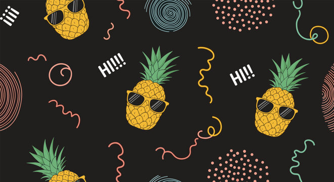 Tropical pineapple seamless pattern with cool fruit wearing sunglasses, abstract swirls, and Hi text on a dark black background.