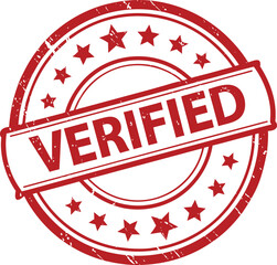 Verified red rubber stamp badge with stars, approved official confirmation label distressed vector illustration
