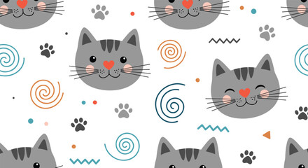 Obraz premium Cute grey cat faces with heart noses and colorful swirls create a sweet and loving seamless pattern for nursery decor.