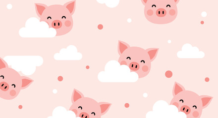Fototapeta premium Smiling pig faces floating among clouds create a dreamy and whimsical seamless pattern for infant room wallpaper.