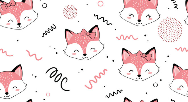 Charming pink fox faces with bows and dots create a delicate and sweet seamless pattern for baby girl nursery products.