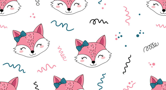 Pretty pink fox faces with blue bows and squiggles create a feminine and playful seamless pattern for girls room decor.