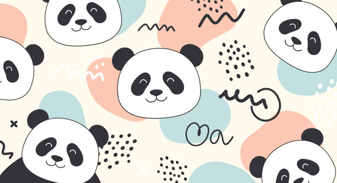 Happy panda characters with geometric shapes and dots form a modern and stylish seamless pattern for nursery decor.